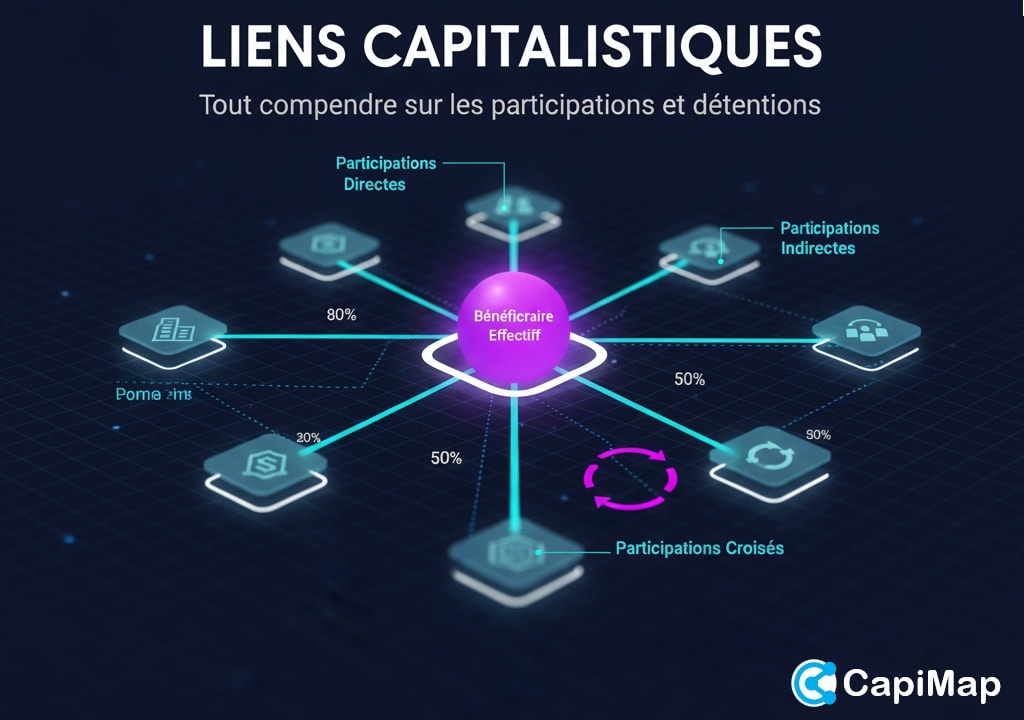 Liens capitalistiques - Visualisation des participations et détentions Diagramme isométrique 3D illustrant les liens capitalistiques : participations directes, indirectes et croisées avec le bénéficiaire effectif au centre. Image d'illustration générée par I.A.